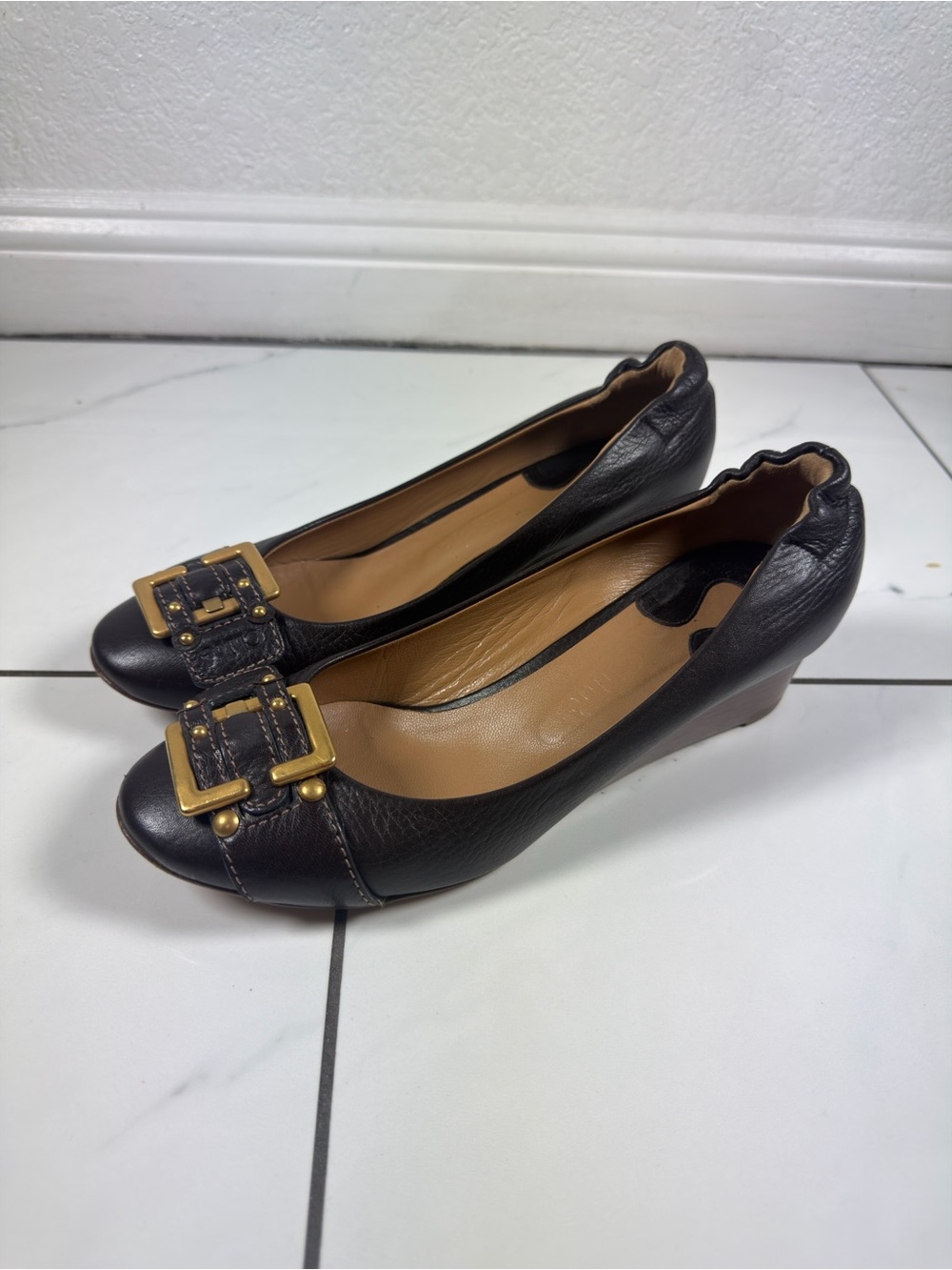 Vintage Chloe Paddington Buckle Dark Brown Leather Wedges Heels